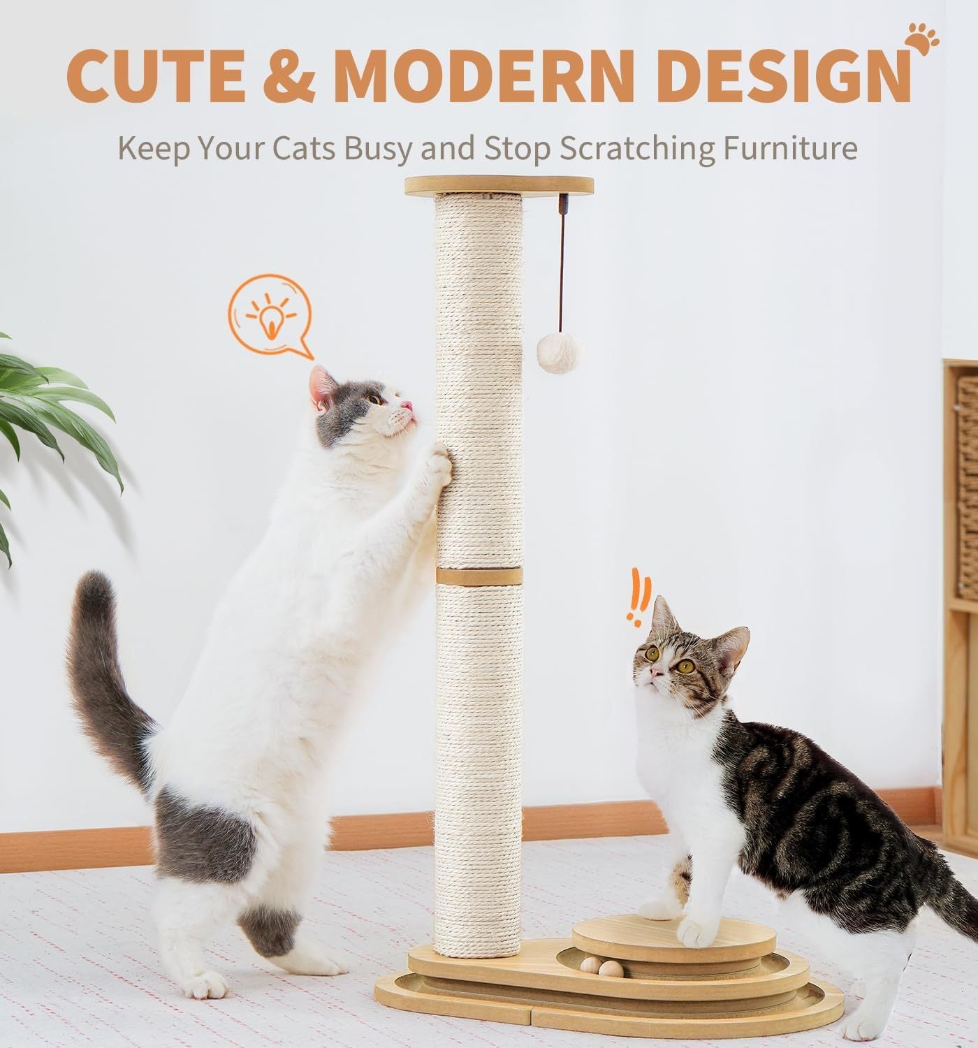My Friendly™ Medium-sized Two-layer Sisal Cat Scratching Post, Indoor Cat Interactive Toy, Wooden Ball Lane Hanging Ball For Kittens.