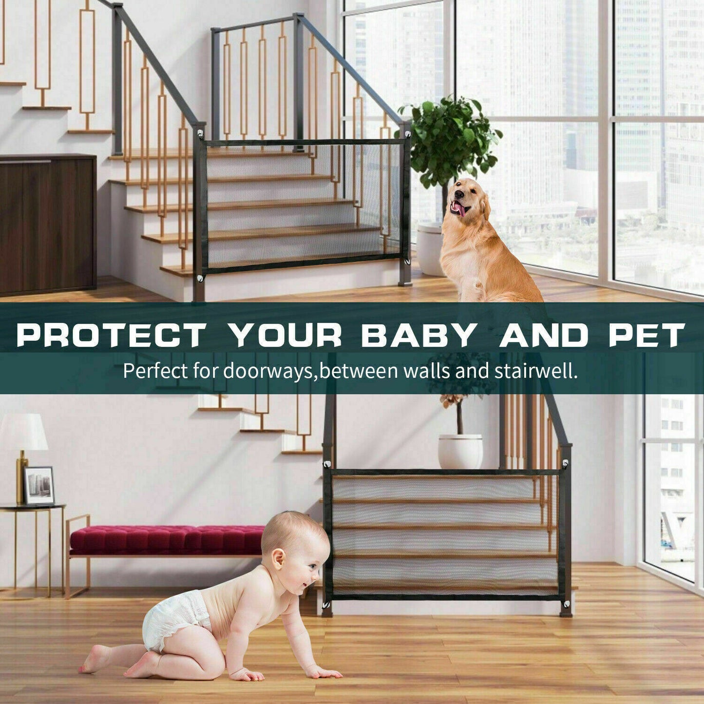 My Friendly™ Pets Dog Cat Baby Safety Gate Mesh Fence Magic Portable Guard Net Stairs Doors