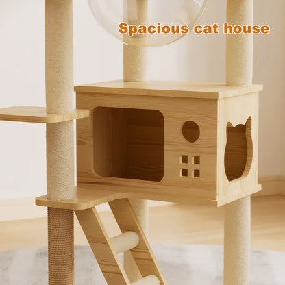 My Friendly™ 48.8' Modern Cat Tower, Wood Cat Tree Tower For Indoor Cats, Cat Treewith Sisal-Covered Scratching Posts And Top Perch, Cat Condo With Acrylic Hammock For Small Large Cats -Does Not Support Self Pick