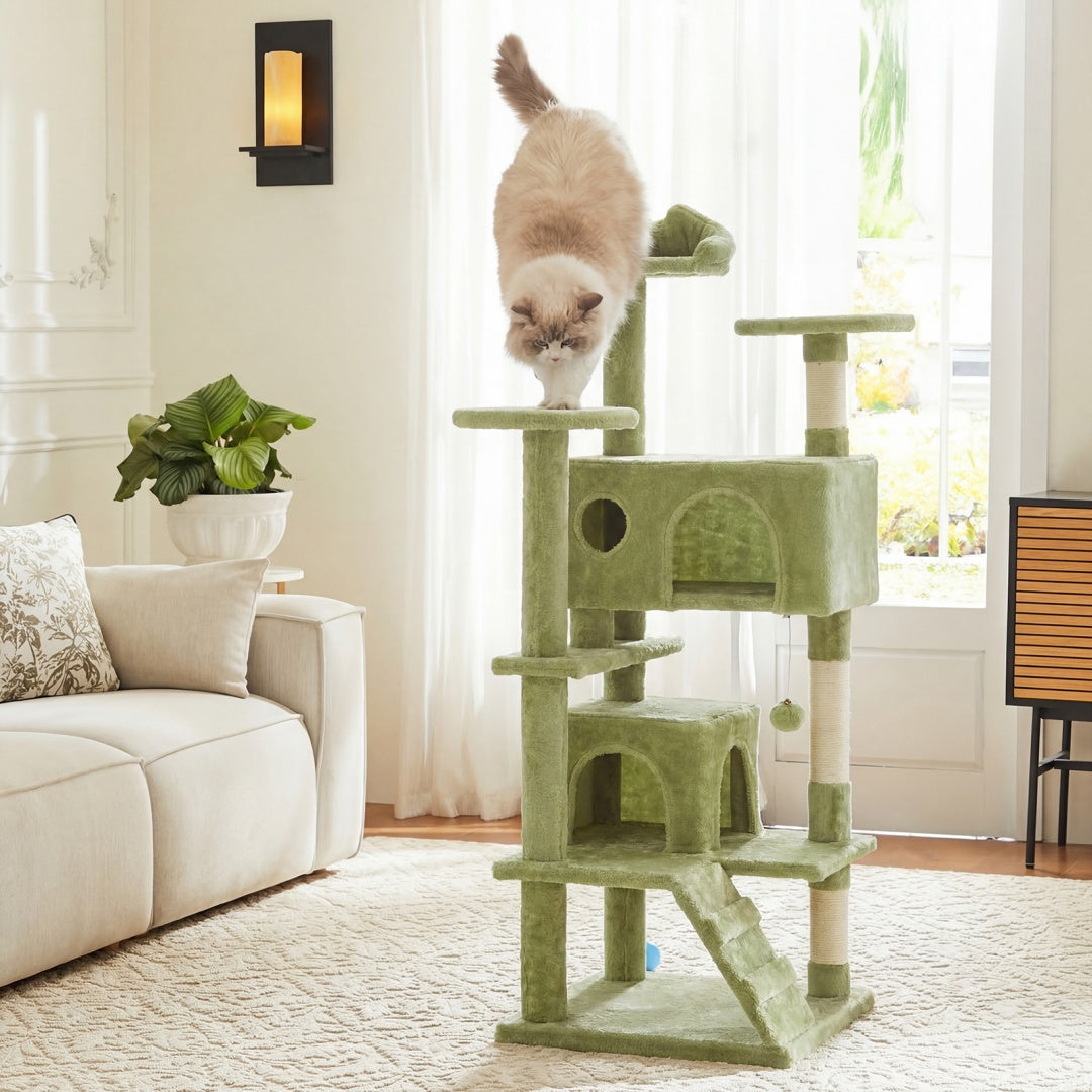 54 In Cat Tree Tower - Multi-level With Sisal Grab Post, Indoor Apartment With Ladder, Plush Toys, Rest And Play