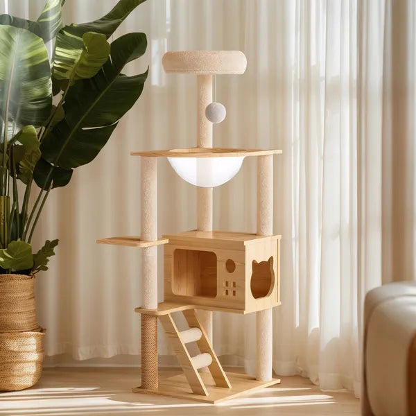 My Friendly™ 48.8' Modern Cat Tower, Wood Cat Tree Tower For Indoor Cats, Cat Treewith Sisal-Covered Scratching Posts And Top Perch, Cat Condo With Acrylic Hammock For Small Large Cats -Does Not Support Self Pick