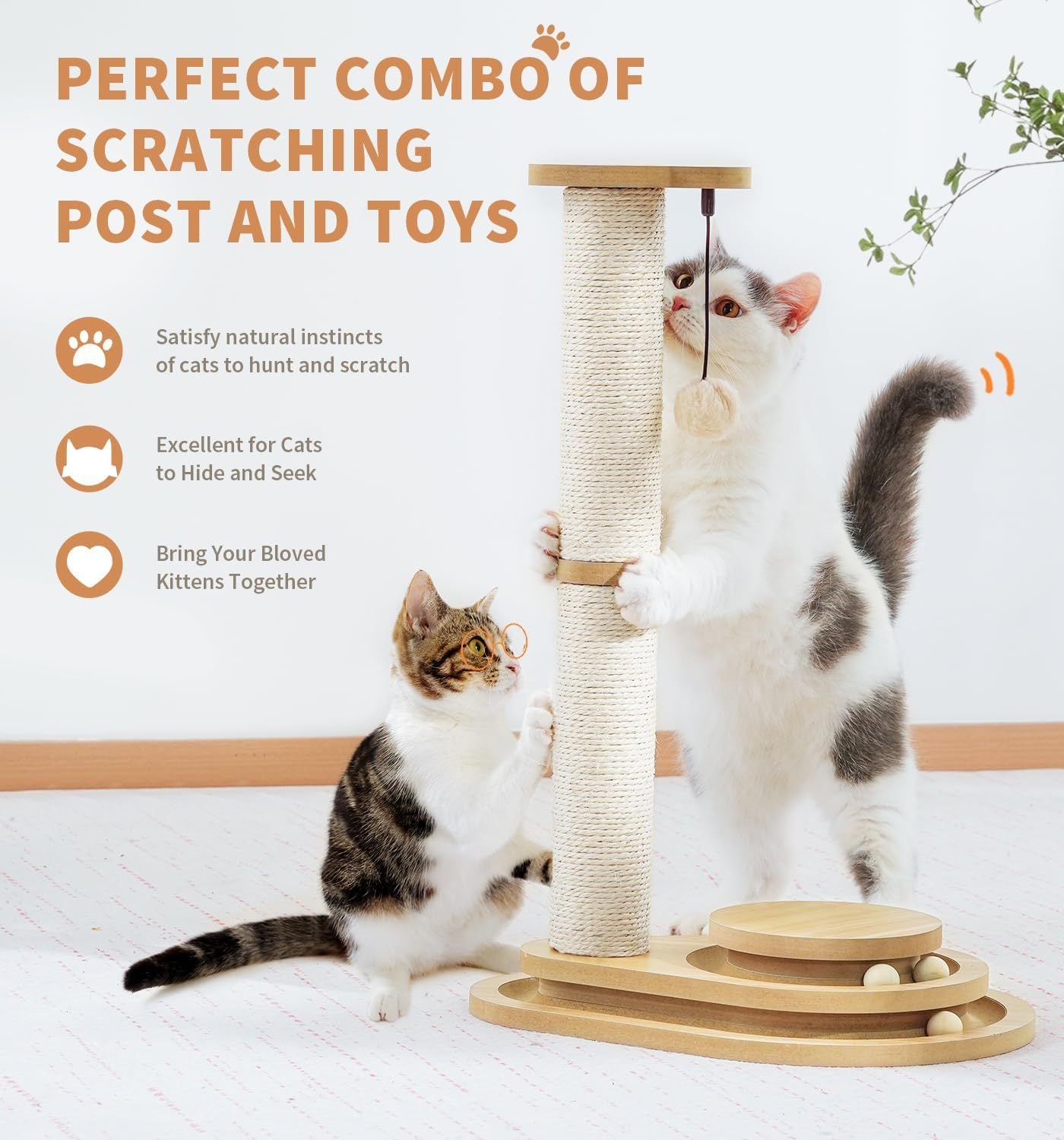 My Friendly™ Medium-sized Two-layer Sisal Cat Scratching Post, Indoor Cat Interactive Toy, Wooden Ball Lane Hanging Ball For Kittens.