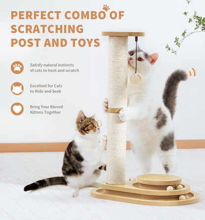 My Friendly™ Medium-sized Two-layer Sisal Cat Scratching Post, Indoor Cat Interactive Toy, Wooden Ball Lane Hanging Ball For Kittens.