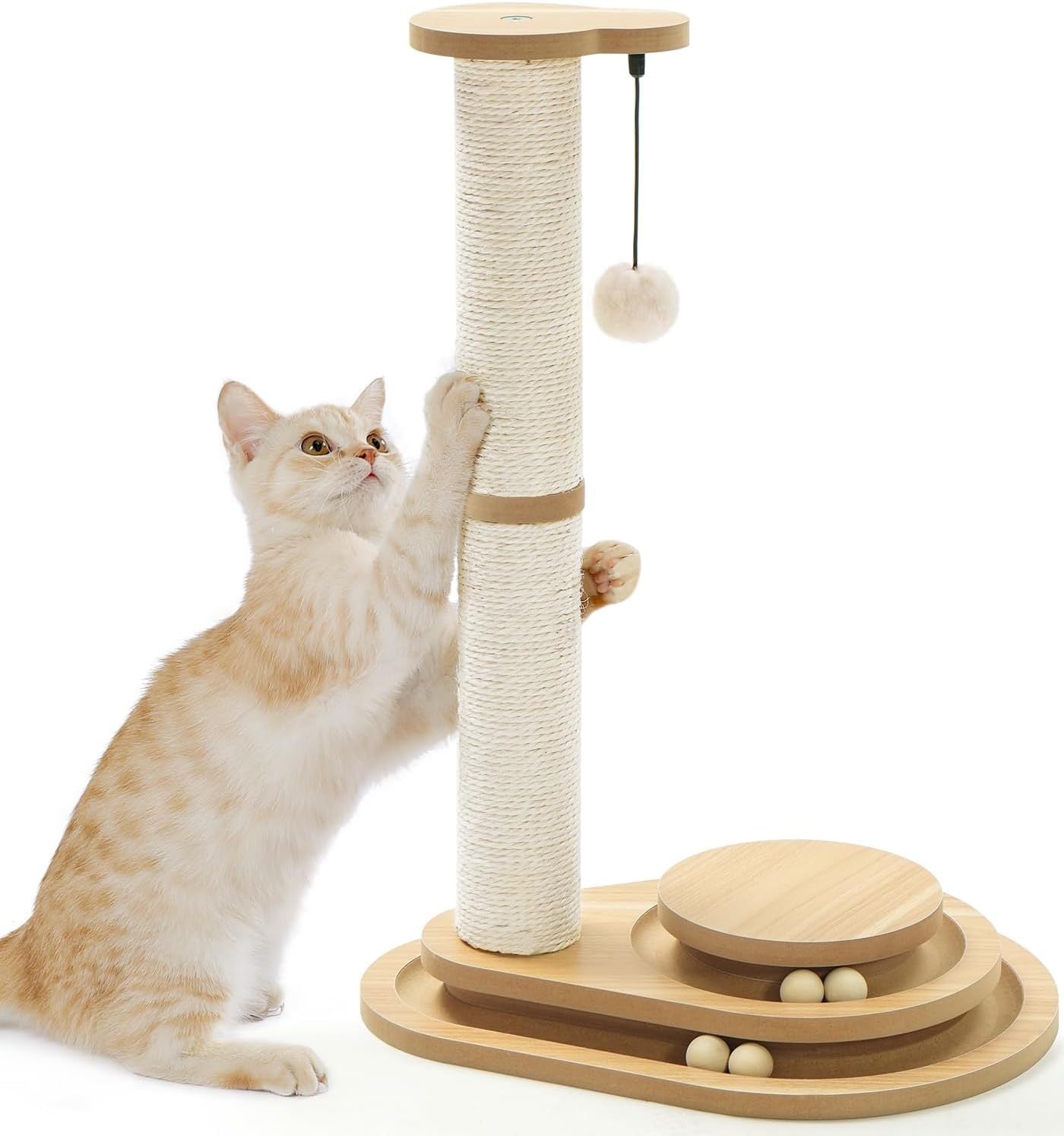 My Friendly™ Medium-sized Two-layer Sisal Cat Scratching Post, Indoor Cat Interactive Toy, Wooden Ball Lane Hanging Ball For Kittens.