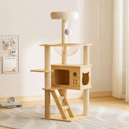My Friendly™ 48.8' Modern Cat Tower, Wood Cat Tree Tower For Indoor Cats, Cat Treewith Sisal-Covered Scratching Posts And Top Perch, Cat Condo With Acrylic Hammock For Small Large Cats -Does Not Support Self Pick