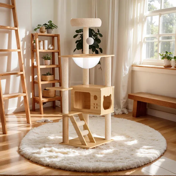 My Friendly™ 48.8' Modern Cat Tower, Wood Cat Tree Tower For Indoor Cats, Cat Treewith Sisal-Covered Scratching Posts And Top Perch, Cat Condo With Acrylic Hammock For Small Large Cats -Does Not Support Self Pick